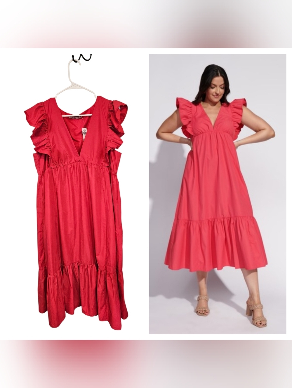Abercrombie & Fitch Flutter Sleeve Tiered Pinky Red Midi Dress